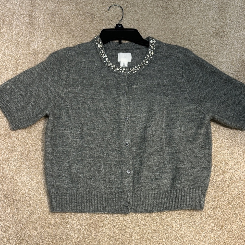 H&M Gray Cardigan with Embellished Collar